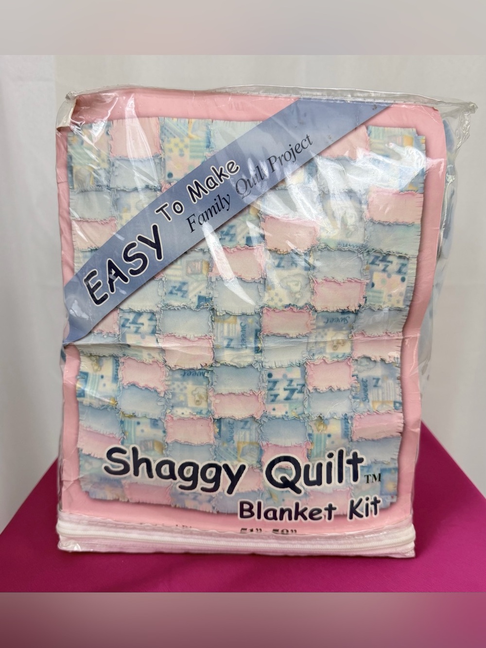 Shaggy Fleece Quilt Blanket Kit/Sewing Project - Pink/Light Blue 51”x 58” NIB
